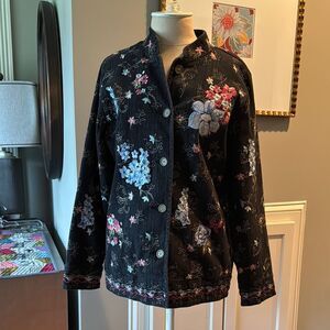 Denim & Co. Floral Embroidered Black Jean Jacket sz Medium
